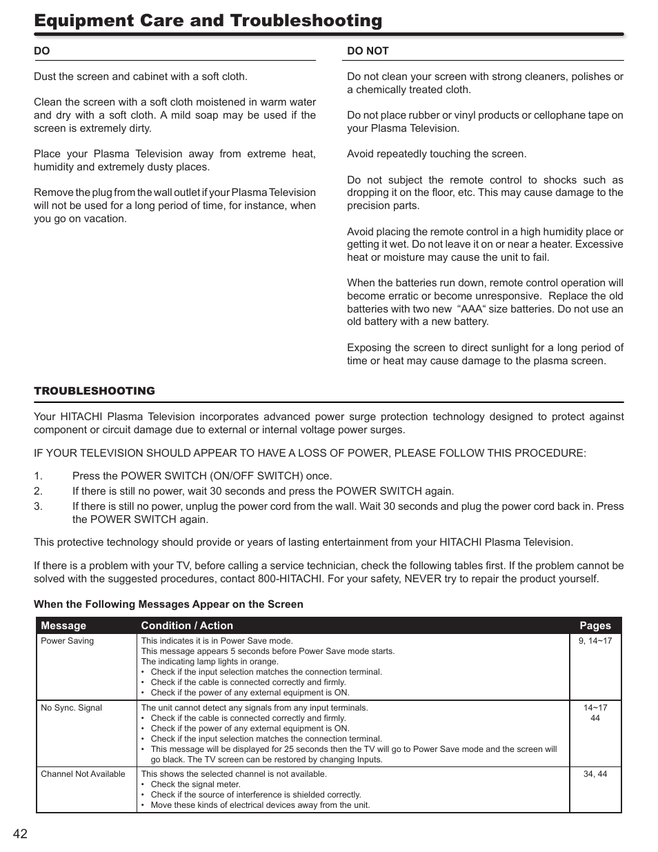 Equipment care and troubleshooting | Hitachi P50S602 User Manual | Page 42 / 60