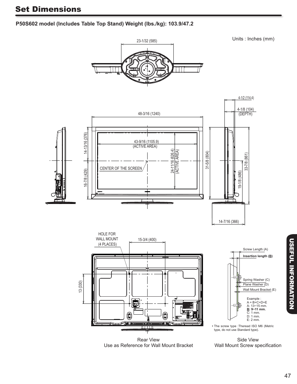 Set dimensions, 47 useful informa tion | Hitachi P50S602 User Manual | Page 47 / 60