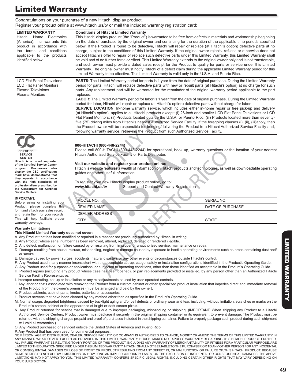 U.s.a, Valid onl y in, And puerto rico | Limited warranty | Hitachi P50S602 User Manual | Page 49 / 60