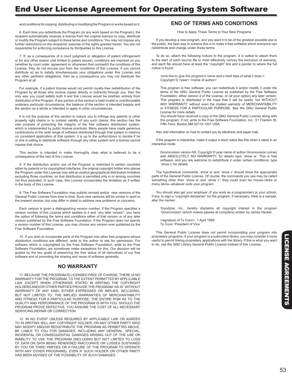 53 license a greements, No warranty, End of terms and conditions | Hitachi P50S602 User Manual | Page 53 / 60