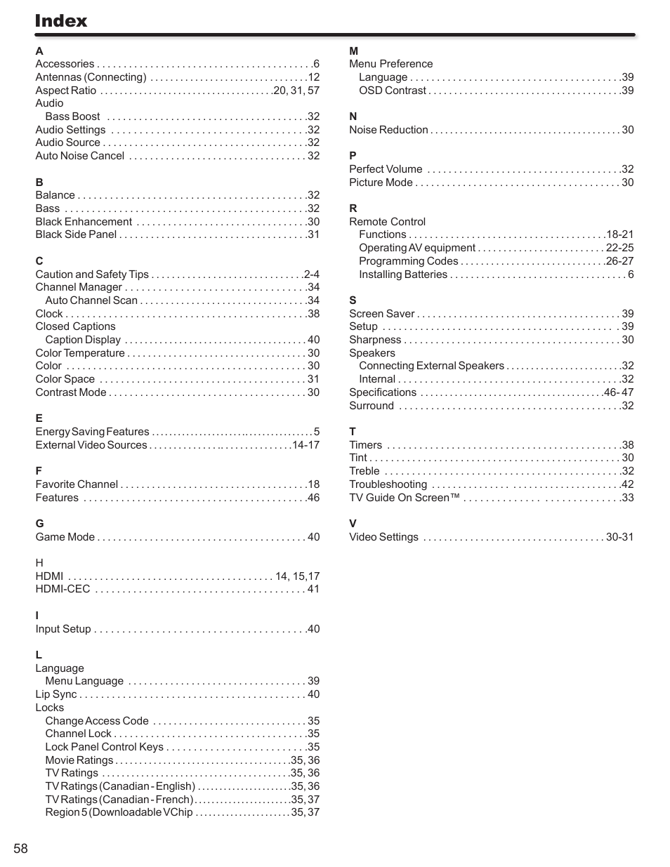 Index | Hitachi P50S602 User Manual | Page 58 / 60