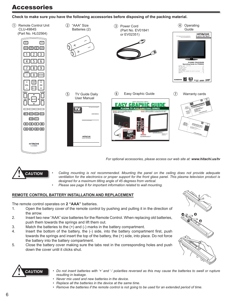 Accessories, Caution, Aaa” size batteries (2) | Operating guide, Tv guide daily user manual, Easy graphic guide, Warranty cards | Hitachi P50S602 User Manual | Page 6 / 60