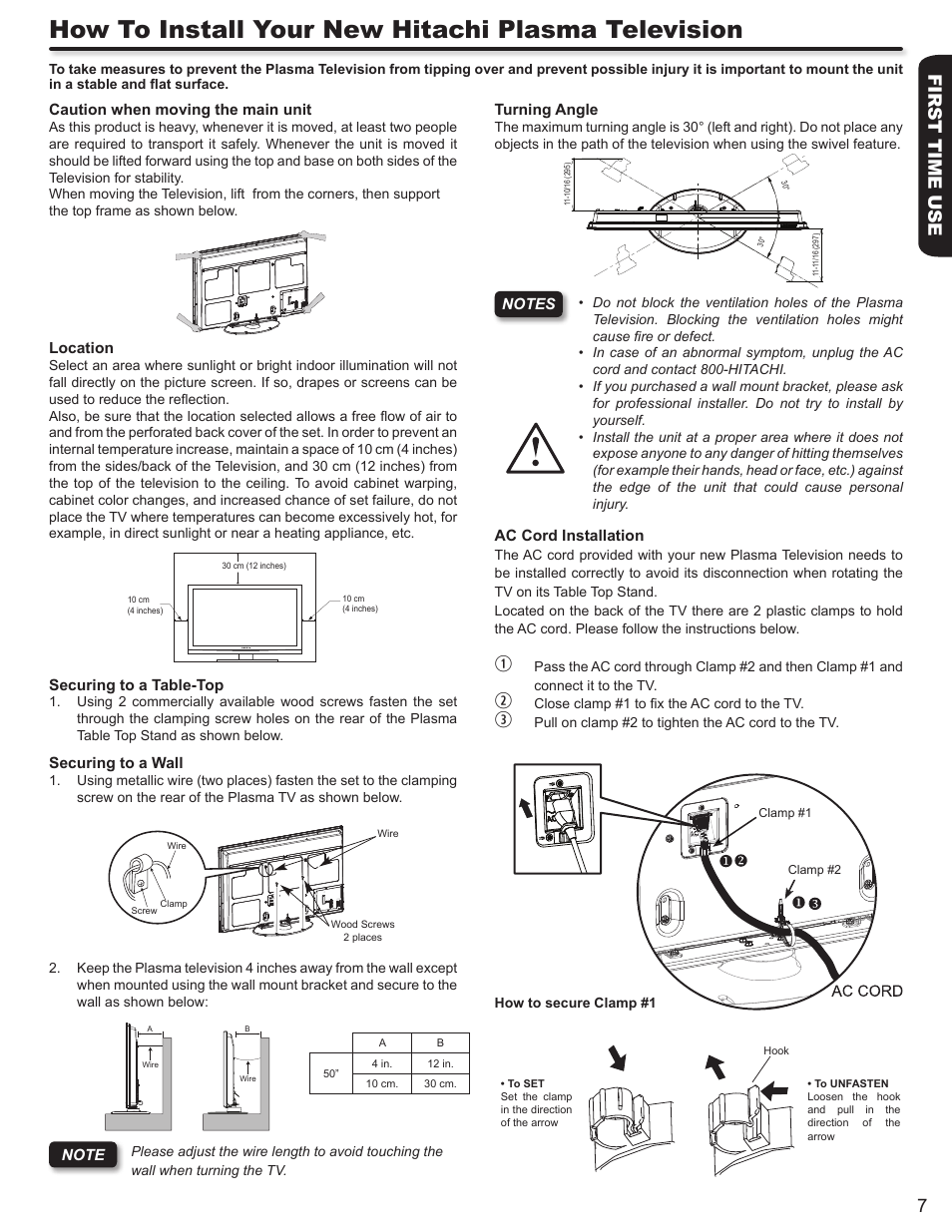 How to install your new hitachi plasma television, First time use 7 | Hitachi P50S602 User Manual | Page 7 / 60