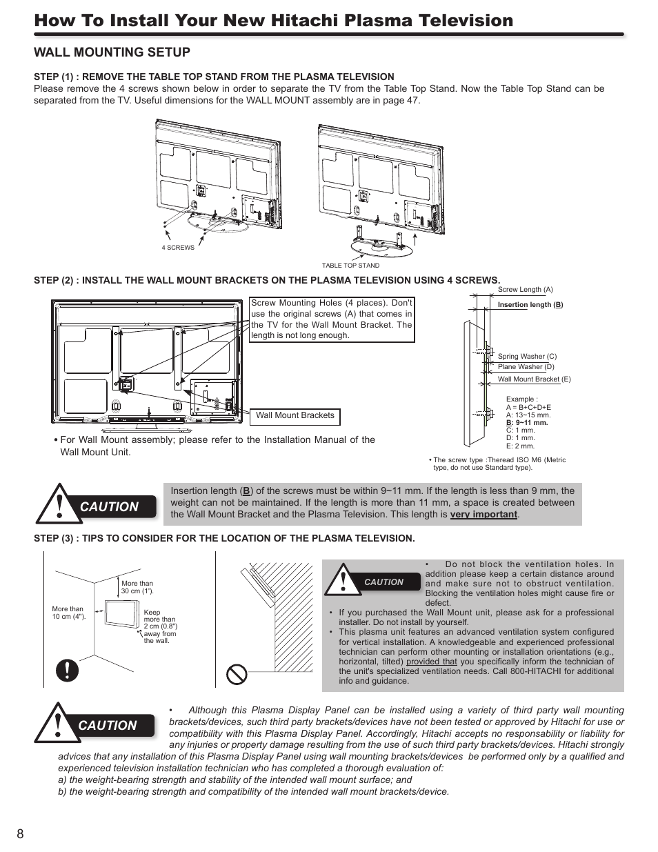 How to install your new hitachi plasma television, Wall mounting setup, Caution | Hitachi P50S602 User Manual | Page 8 / 60