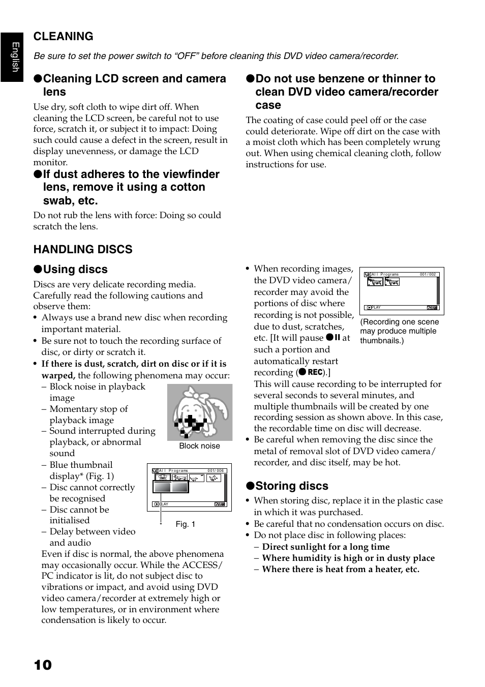 Cleaning, Cleaning lcd screen and camera lens, Handling discs ● using discs | Storing discs | Hitachi DZ-GX5040E User Manual | Page 10 / 155