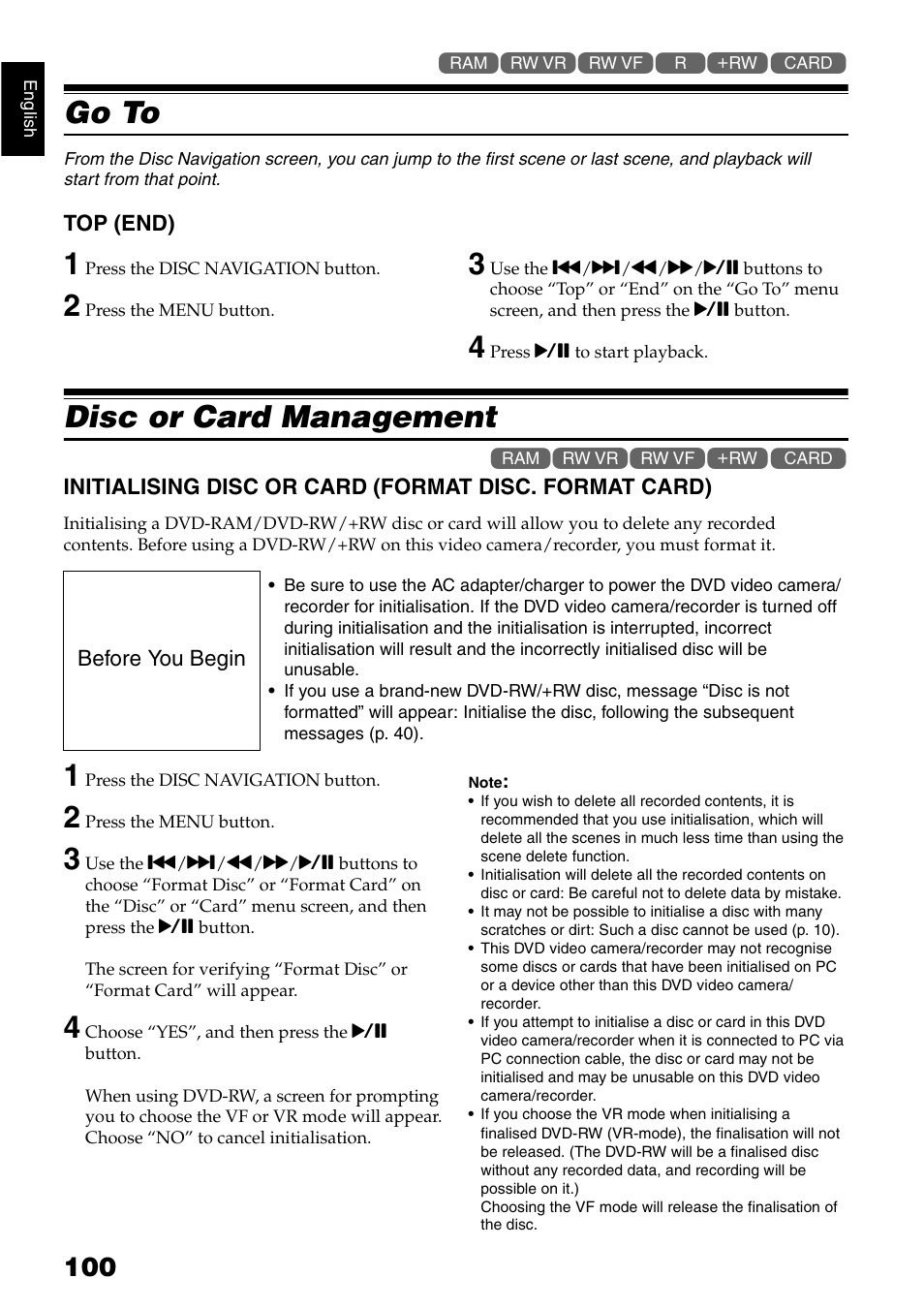 Go to, Disc or card management | Hitachi DZ-GX5040E User Manual | Page 100 / 155