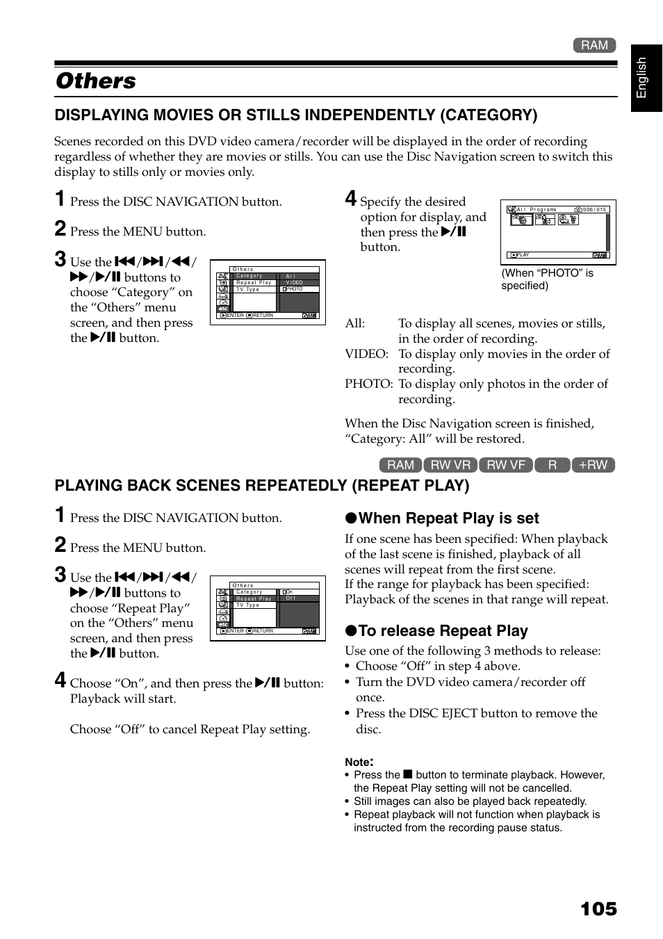 Others, Playing back scenes repeatedly (repeat play), When repeat play is set | Hitachi DZ-GX5040E User Manual | Page 105 / 155