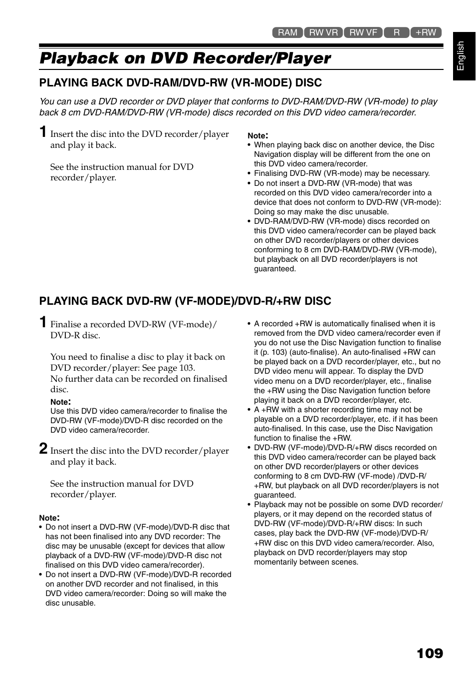 Playback on dvd recorder/player, Playing back dvd-ram/dvd-rw (vr-mode) disc, Playing back dvd-rw (vf-mode)/dvd-r/+rw disc | Hitachi DZ-GX5040E User Manual | Page 109 / 155