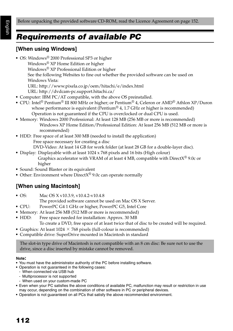 Requirements of available pc, When using windows, When using macintosh | Hitachi DZ-GX5040E User Manual | Page 112 / 155