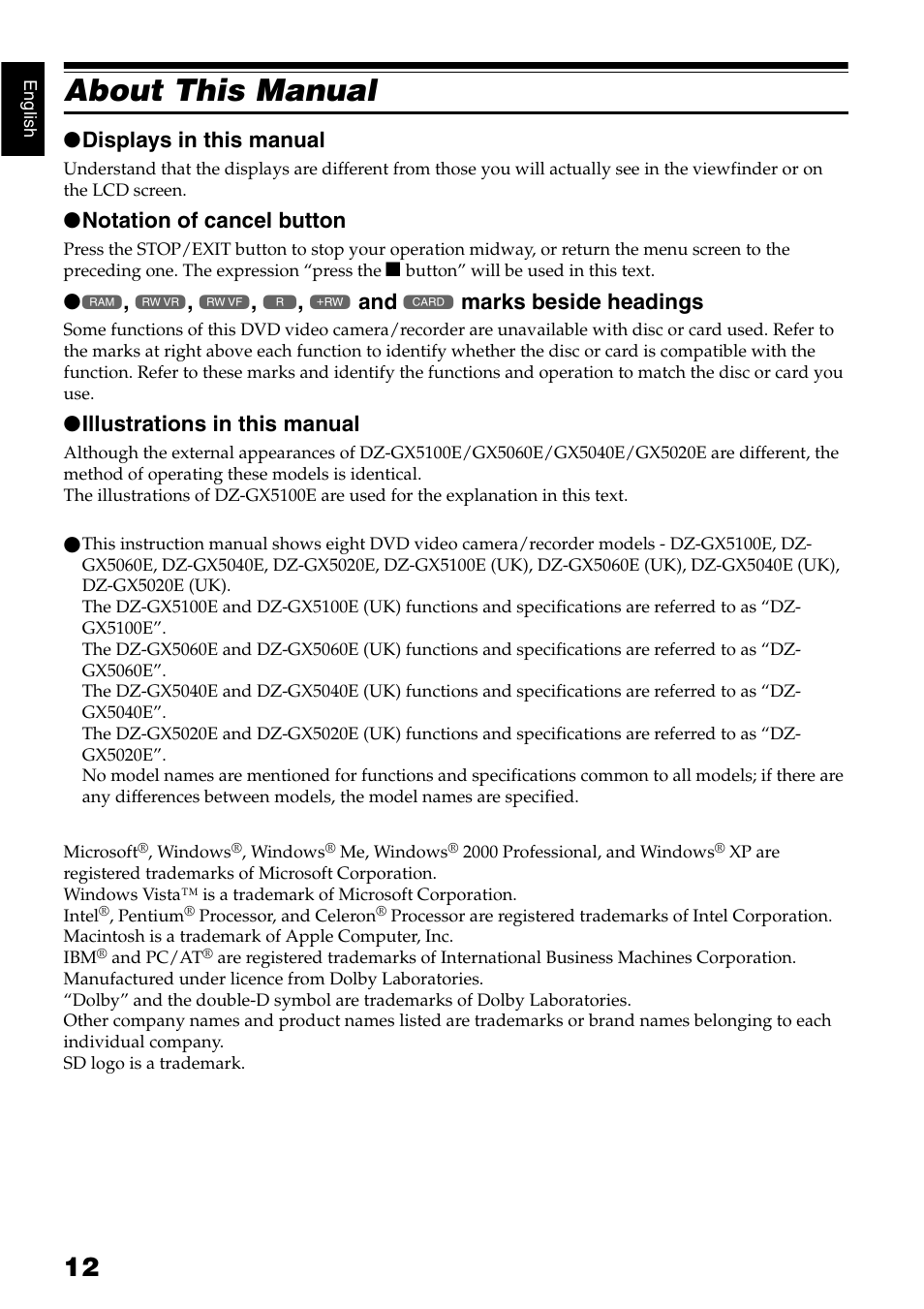 About this manual, Displays in this manual, Notation of cancel button | Marks beside headings, Illustrations in this manual | Hitachi DZ-GX5040E User Manual | Page 12 / 155