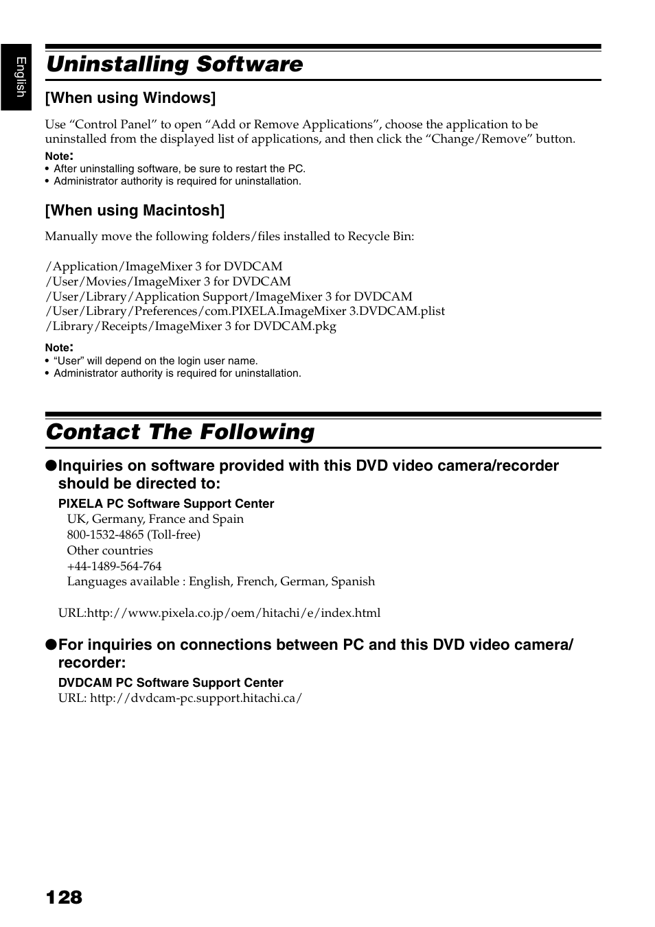 Uninstalling software, Contact the following | Hitachi DZ-GX5040E User Manual | Page 128 / 155