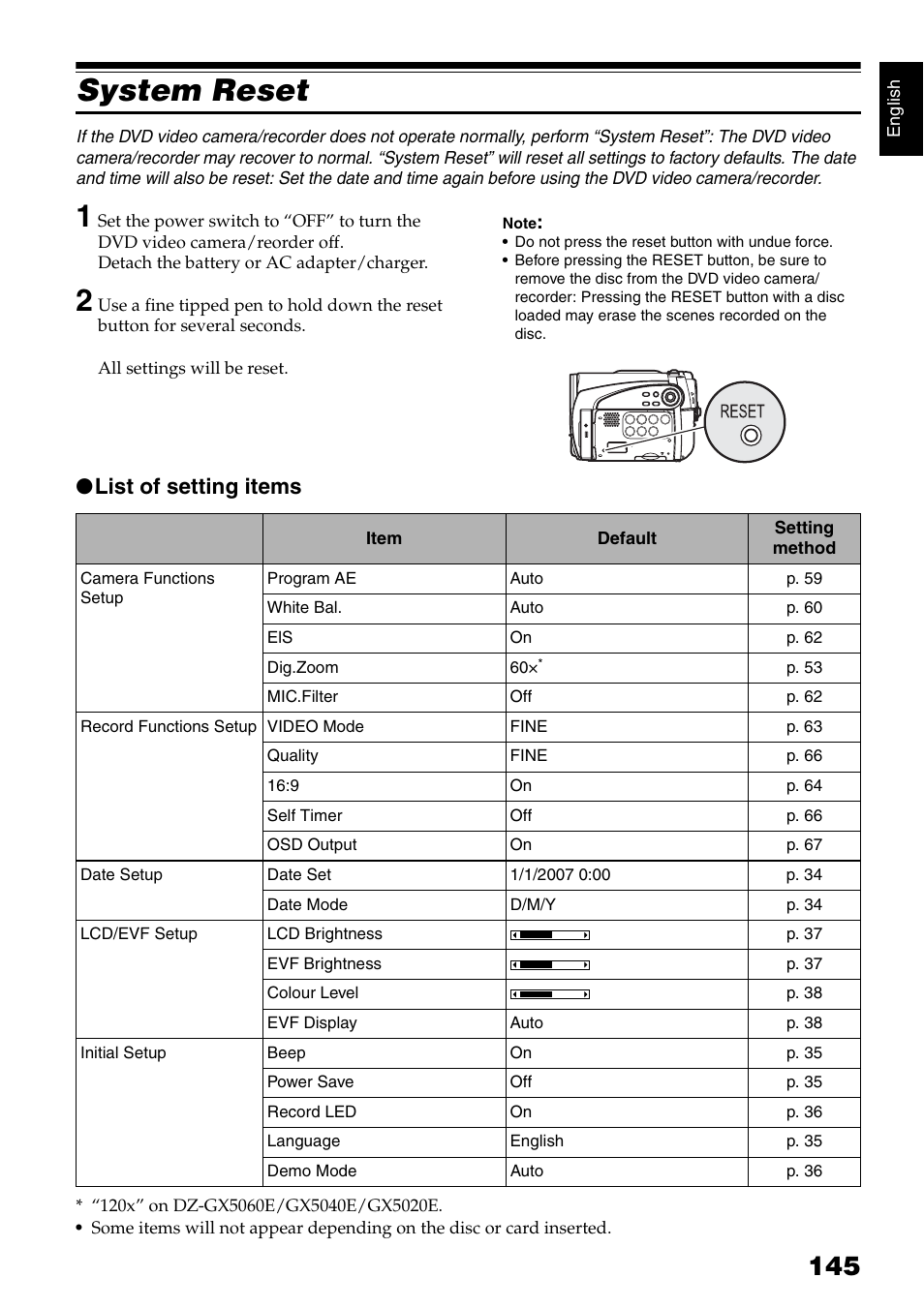System reset, List of setting items | Hitachi DZ-GX5040E User Manual | Page 145 / 155