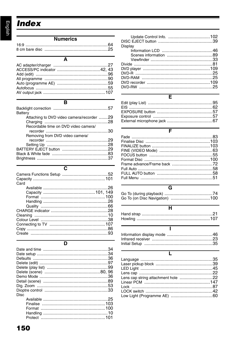 Index | Hitachi DZ-GX5040E User Manual | Page 150 / 155