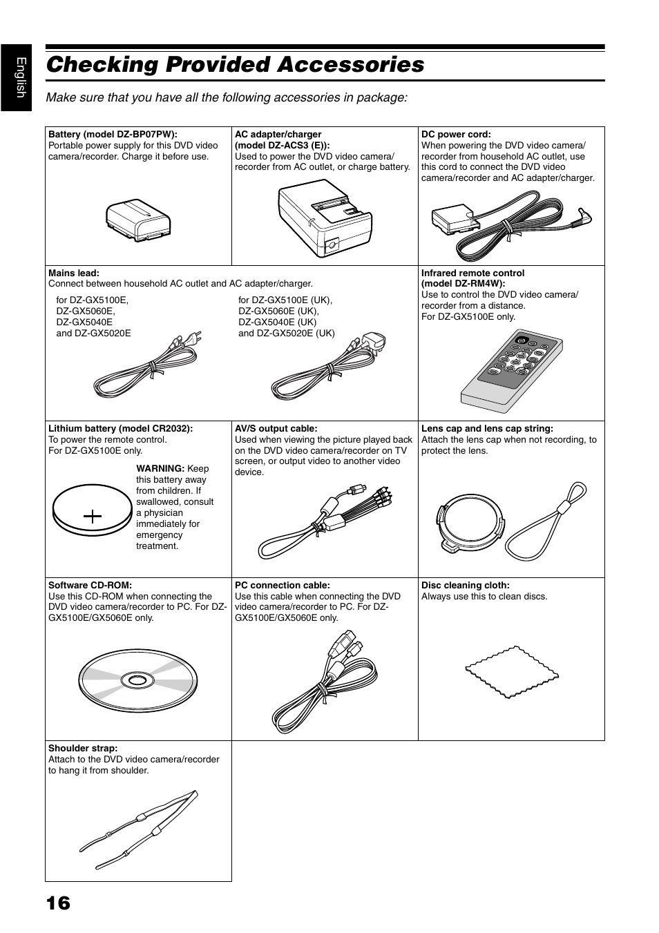 Checking provided accessories | Hitachi DZ-GX5040E User Manual | Page 16 / 155