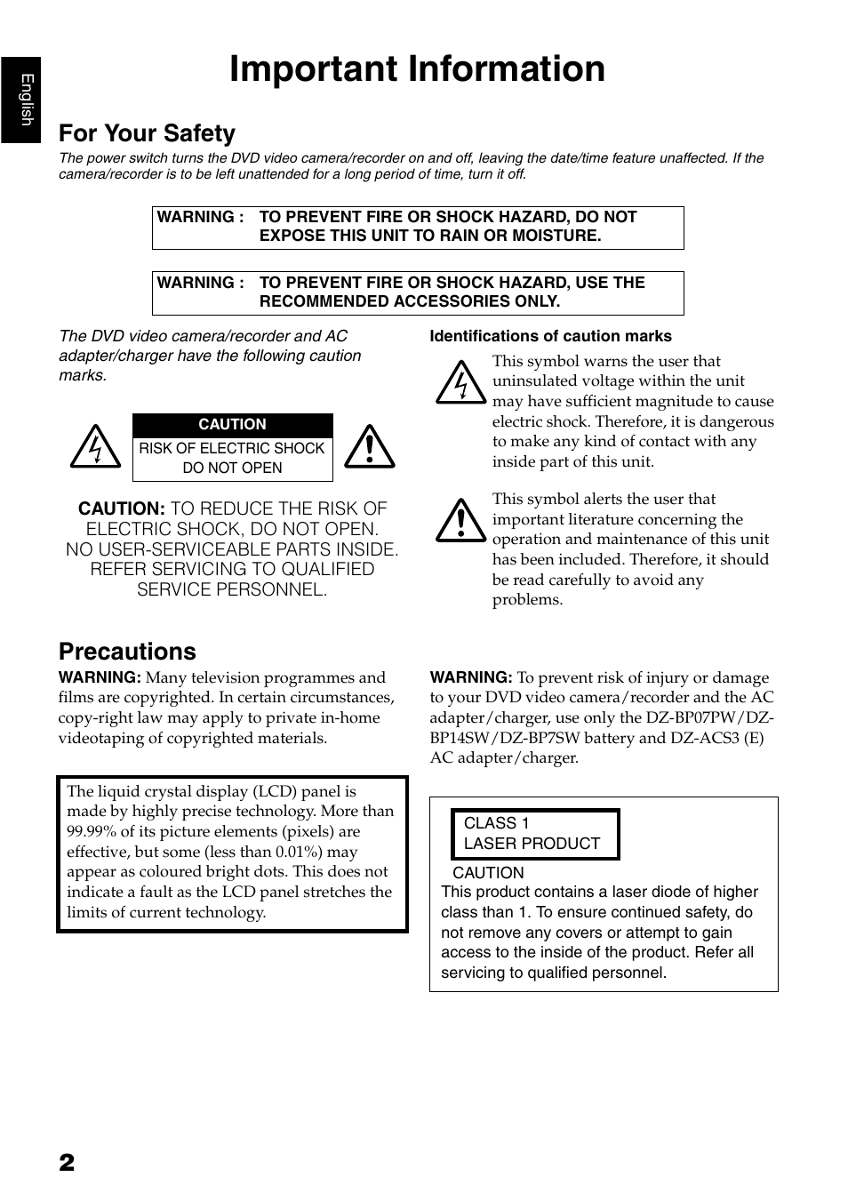 Important information, For your safety, Precautions | Hitachi DZ-GX5040E User Manual | Page 2 / 155