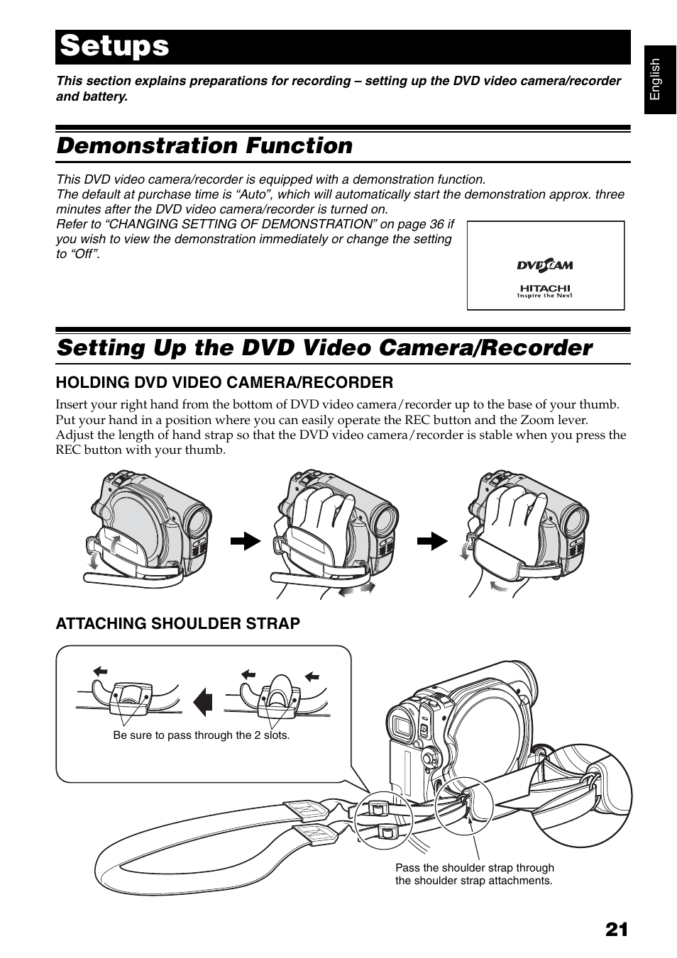 Setups, Demonstration function, Setting up the dvd video camera/recorder | Hitachi DZ-GX5040E User Manual | Page 21 / 155