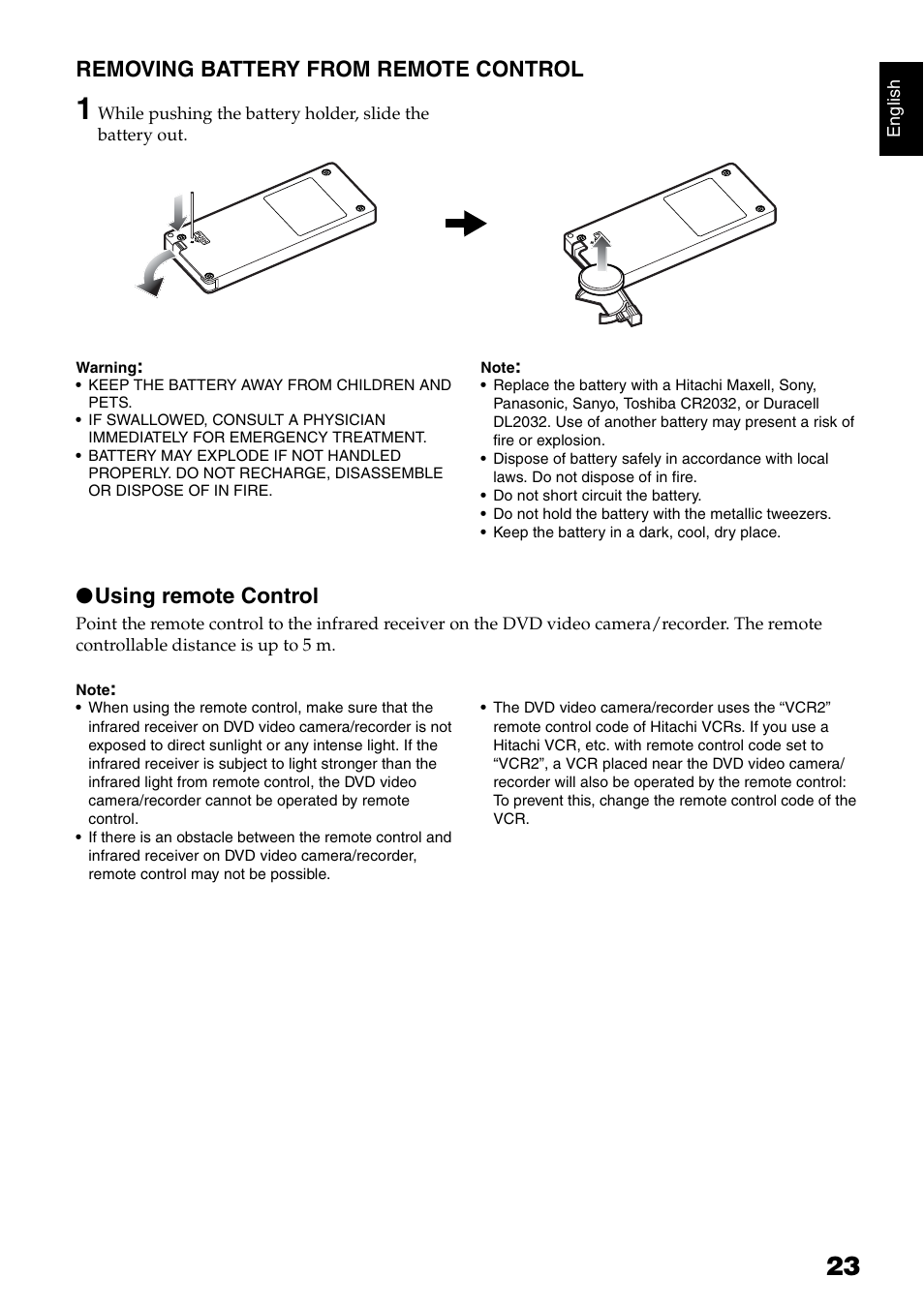 Removing battery from remote control, Using remote control | Hitachi DZ-GX5040E User Manual | Page 23 / 155
