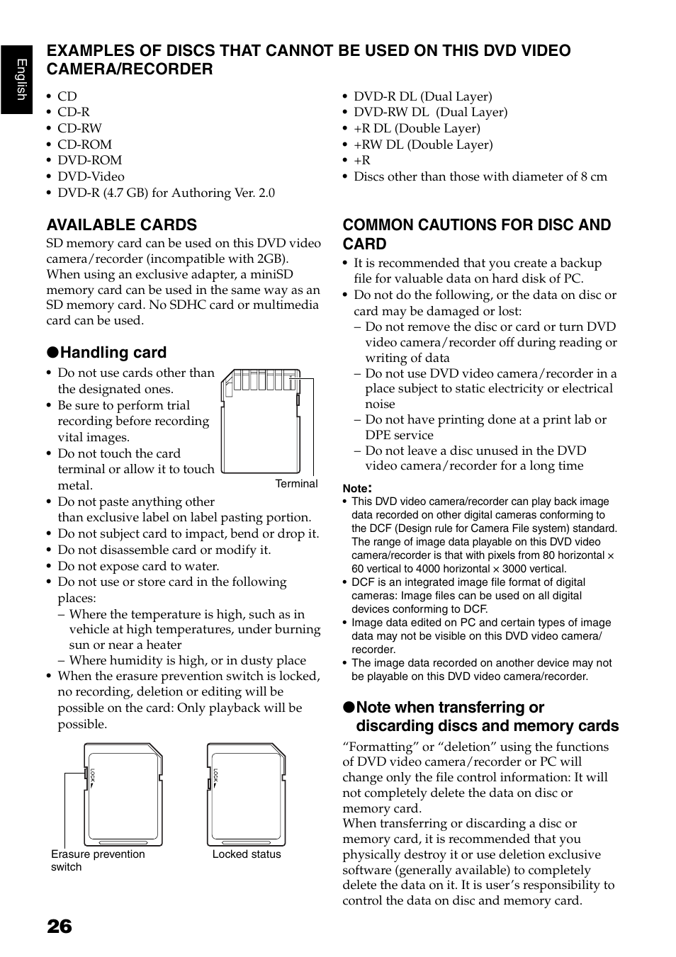Available cards, Handling card, Common cautions for disc and card | Hitachi DZ-GX5040E User Manual | Page 26 / 155