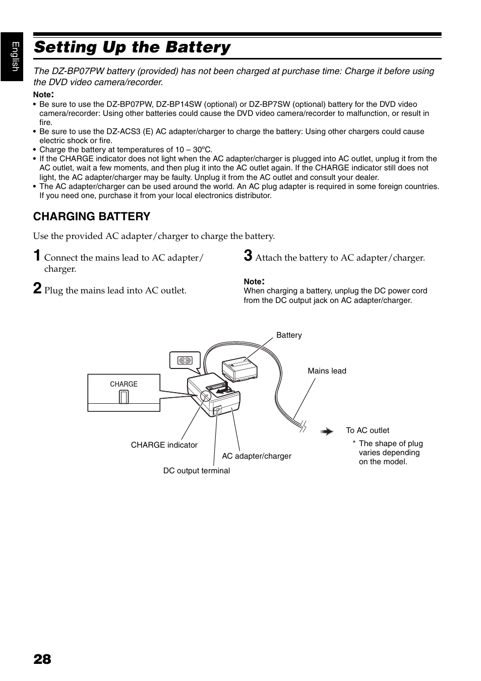 Setting up the battery, Charging battery | Hitachi DZ-GX5040E User Manual | Page 28 / 155