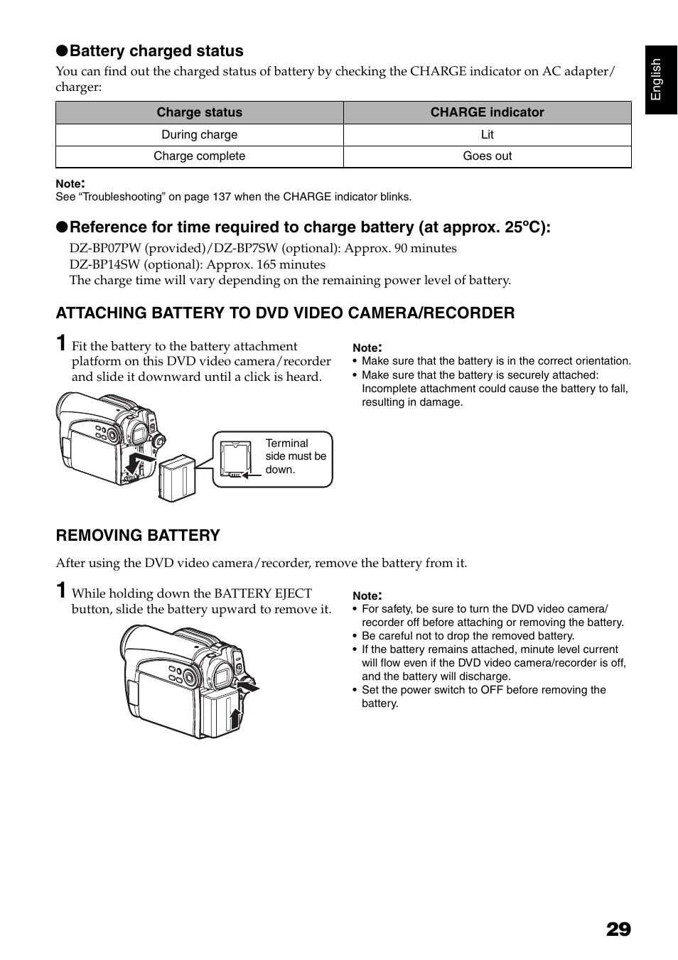 Battery charged status, Attaching battery to dvd video camera/recorder, Removing battery | Hitachi DZ-GX5040E User Manual | Page 29 / 155