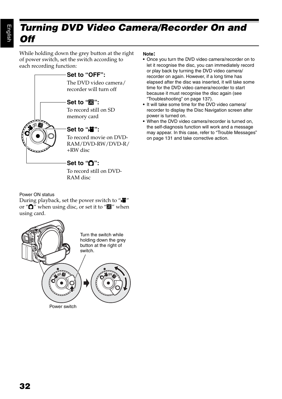 Turning dvd video camera/recorder on and off | Hitachi DZ-GX5040E User Manual | Page 32 / 155
