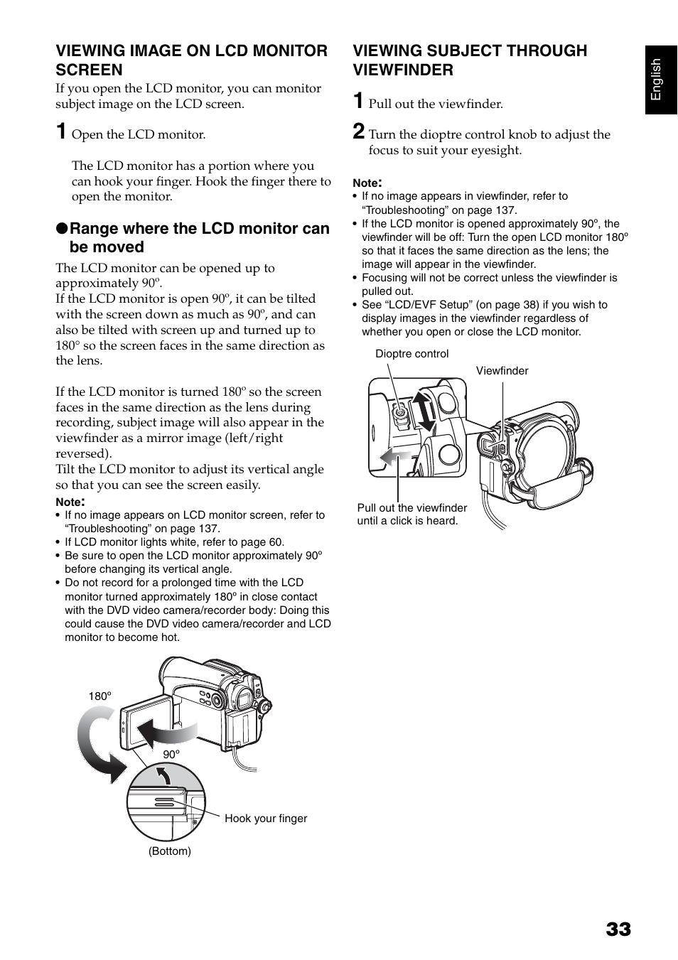 Viewing image on lcd monitor screen, Range where the lcd monitor can be moved, Viewing subject through viewfinder | Hitachi DZ-GX5040E User Manual | Page 33 / 155
