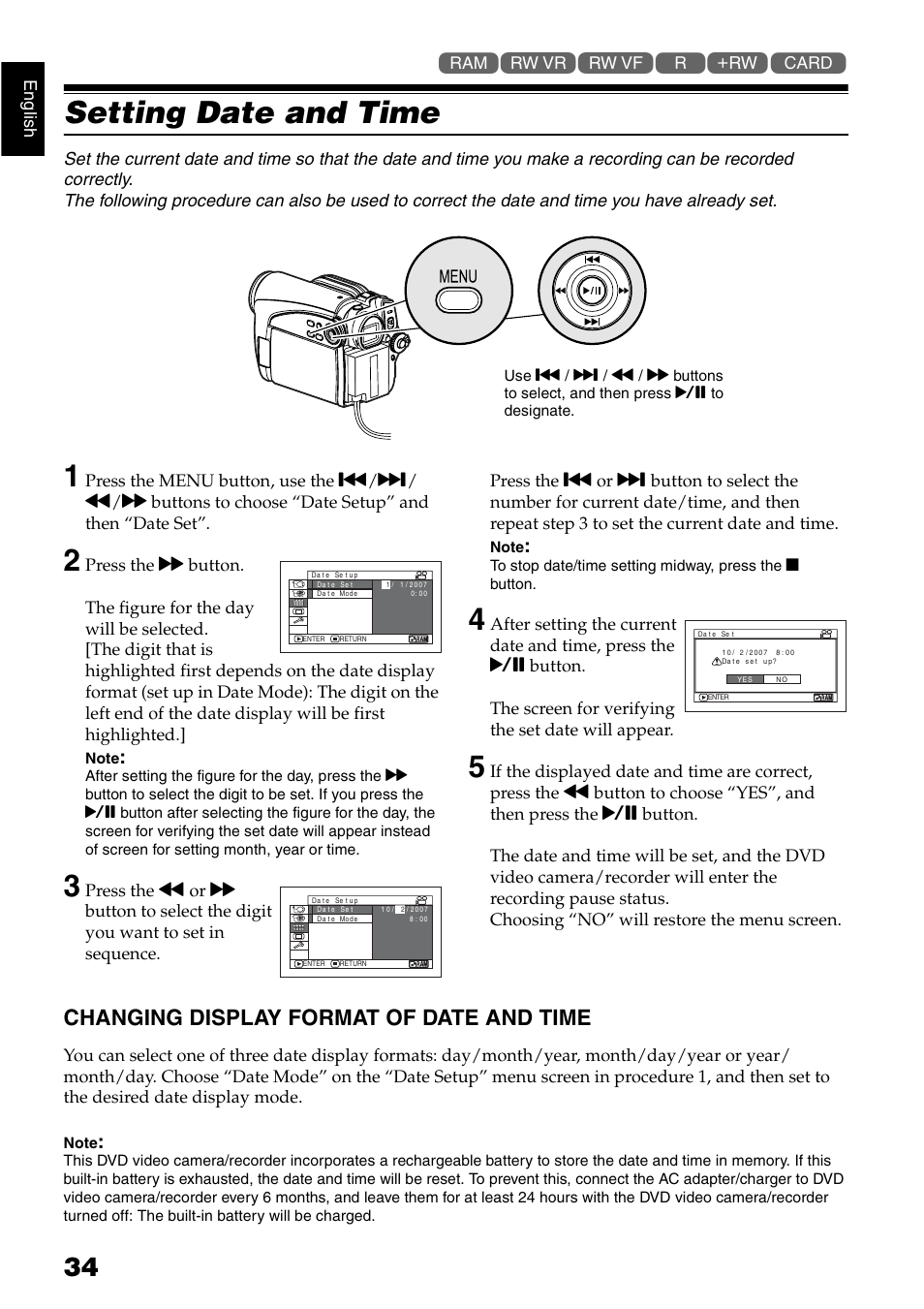 Setting date and time, Changing display format of date and time | Hitachi DZ-GX5040E User Manual | Page 34 / 155