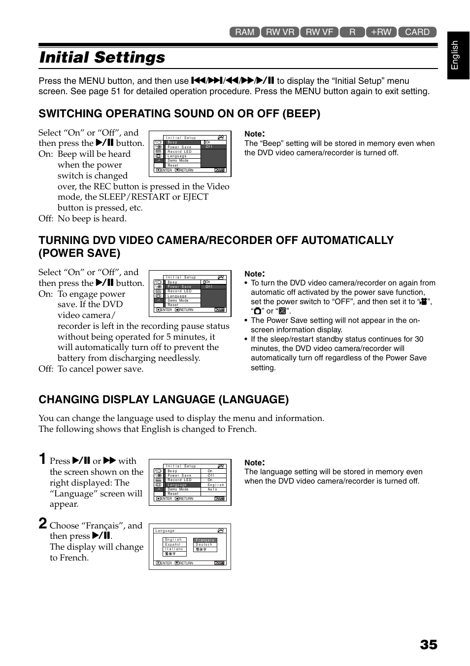 Initial settings, Switching operating sound on or off (beep), Changing display language (language) | English | Hitachi DZ-GX5040E User Manual | Page 35 / 155