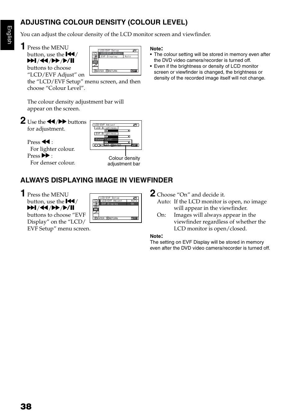Adjusting colour density (colour level), Always displaying image in viewfinder | Hitachi DZ-GX5040E User Manual | Page 38 / 155