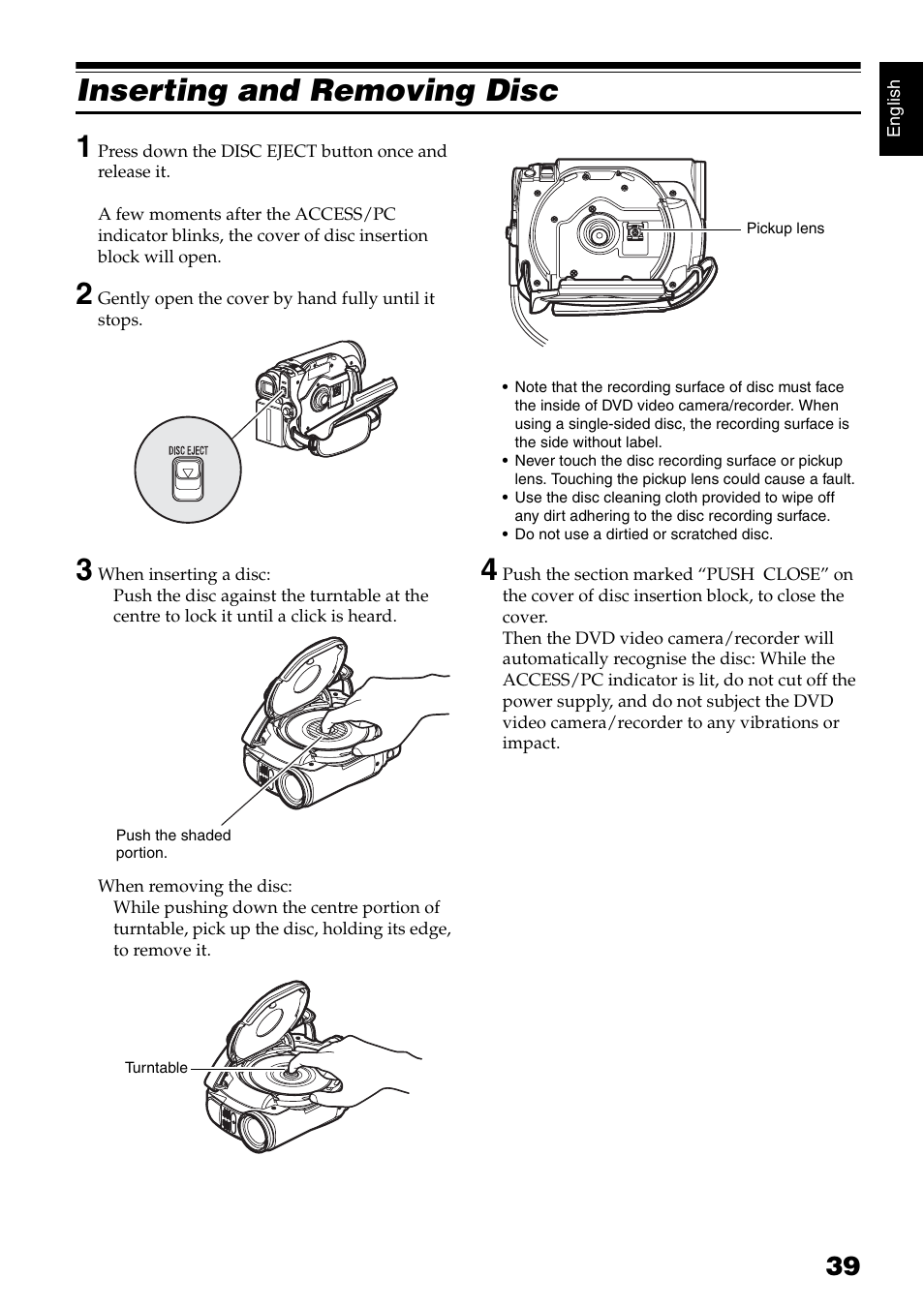 Inserting and removing disc 1 | Hitachi DZ-GX5040E User Manual | Page 39 / 155