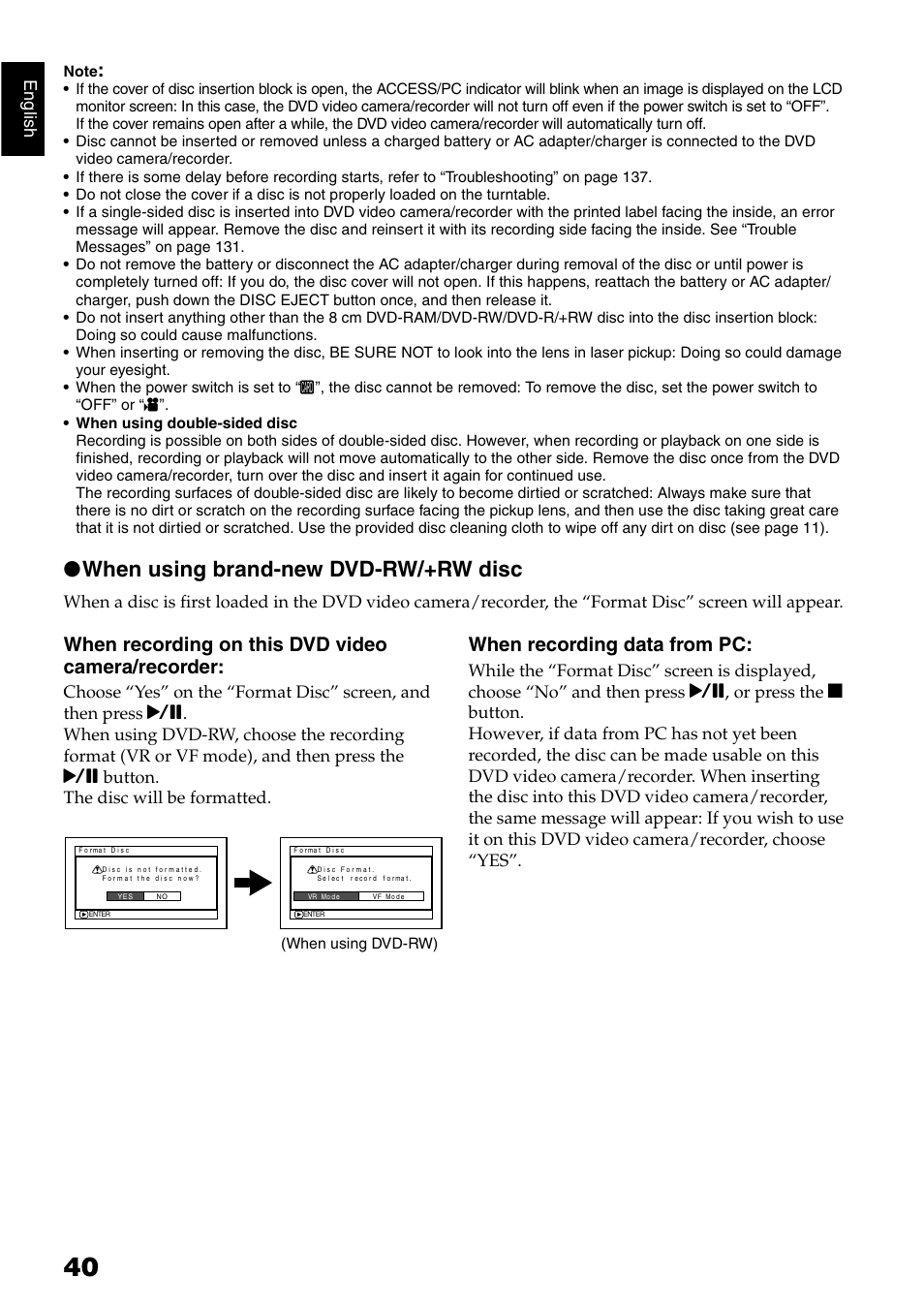 When using brand-new dvd-rw/+rw disc, When recording on this dvd video camera/recorder, When recording data from pc | English | Hitachi DZ-GX5040E User Manual | Page 40 / 155