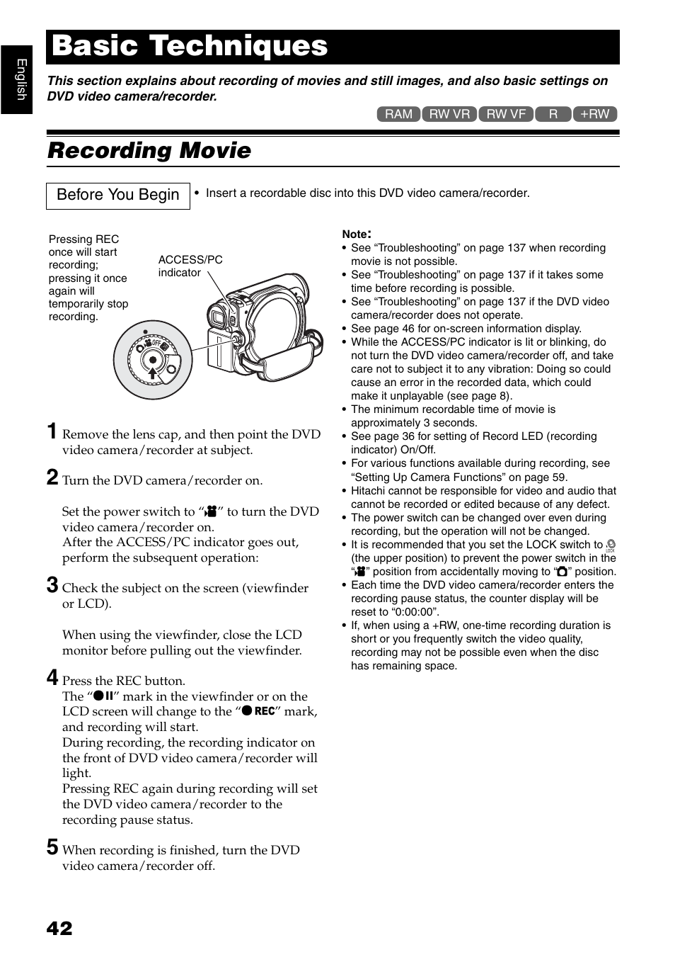 Basic techniques, Recording movie 1 | Hitachi DZ-GX5040E User Manual | Page 42 / 155