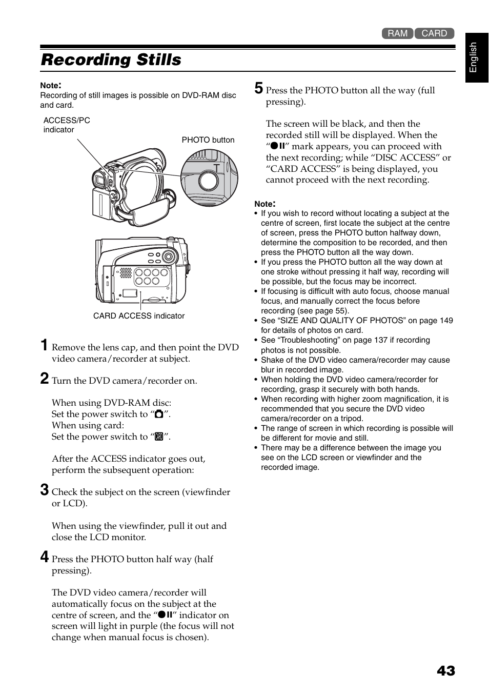 Recording stills | Hitachi DZ-GX5040E User Manual | Page 43 / 155