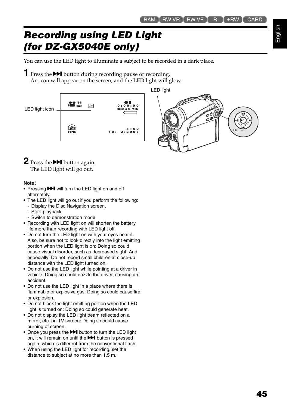 Recording using led light (for dz-gx5040e only) | Hitachi DZ-GX5040E User Manual | Page 45 / 155