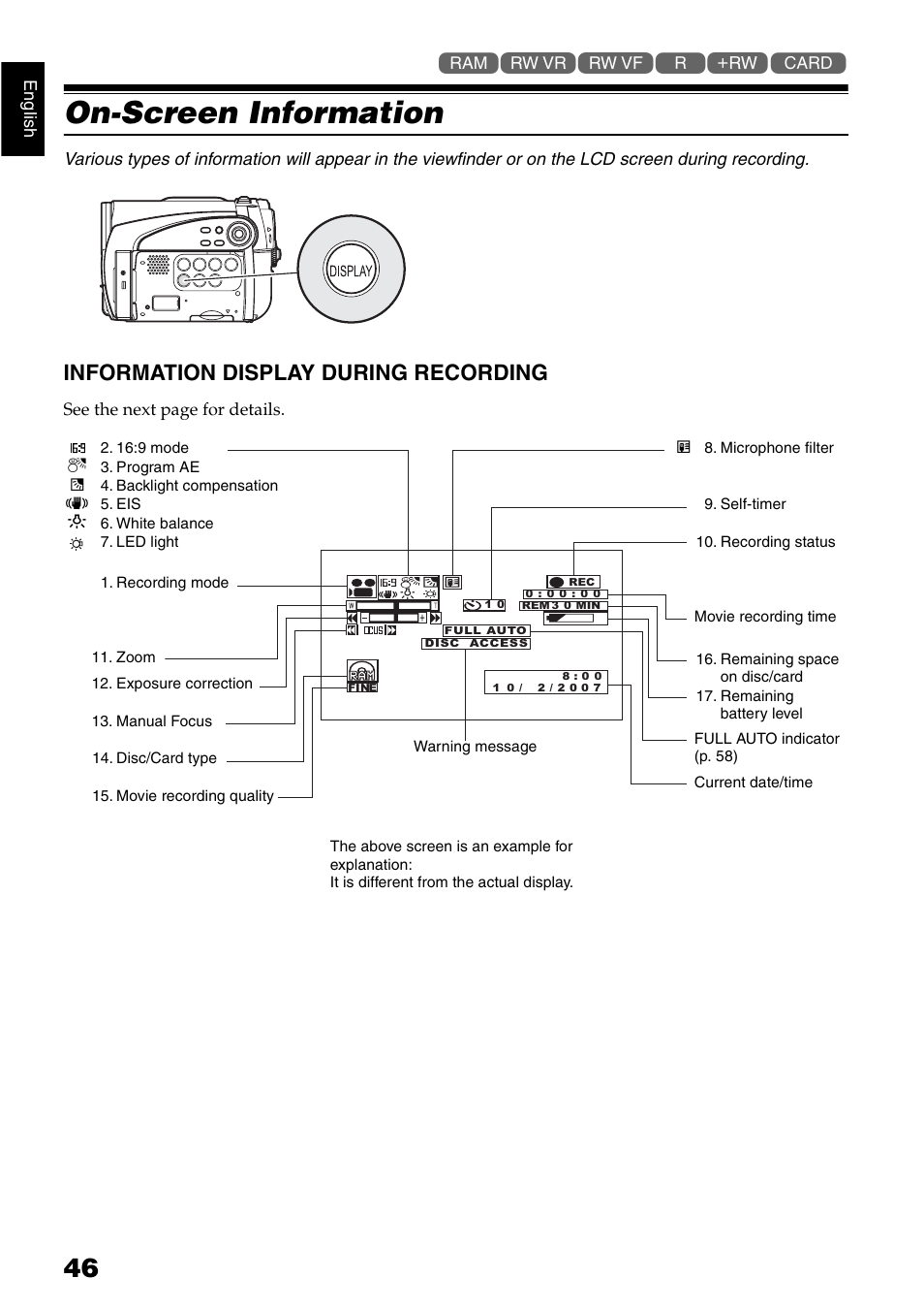 On-screen information, Information display during recording | Hitachi DZ-GX5040E User Manual | Page 46 / 155