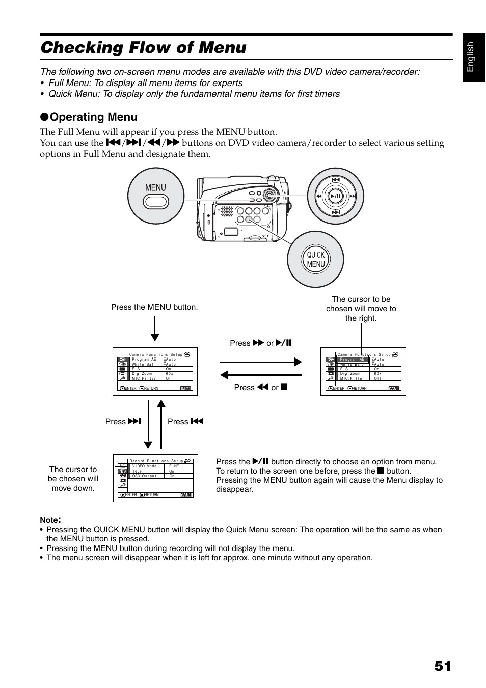 Checking flow of menu, Operating menu, English | Hitachi DZ-GX5040E User Manual | Page 51 / 155