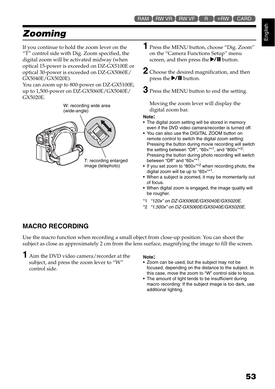 Zooming, Macro recording | Hitachi DZ-GX5040E User Manual | Page 53 / 155