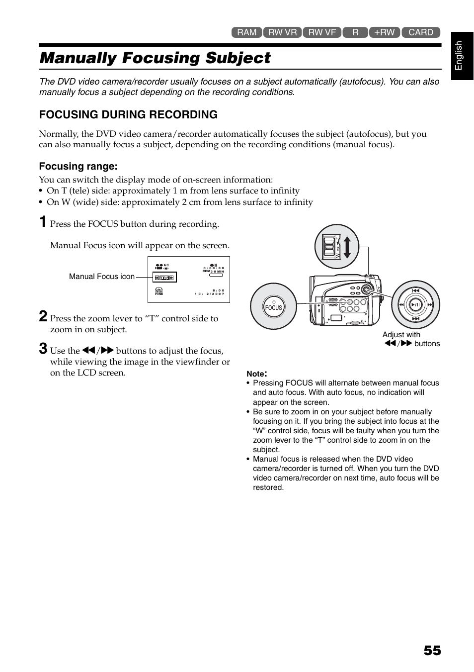 Manually focusing subject, Focusing during recording | Hitachi DZ-GX5040E User Manual | Page 55 / 155