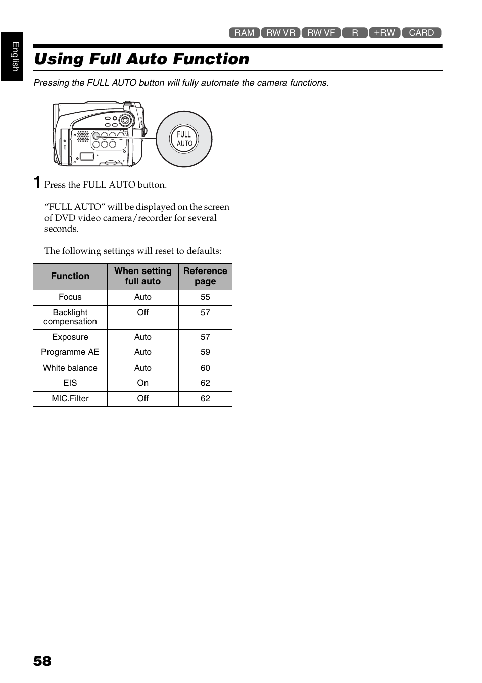 Using full auto function | Hitachi DZ-GX5040E User Manual | Page 58 / 155