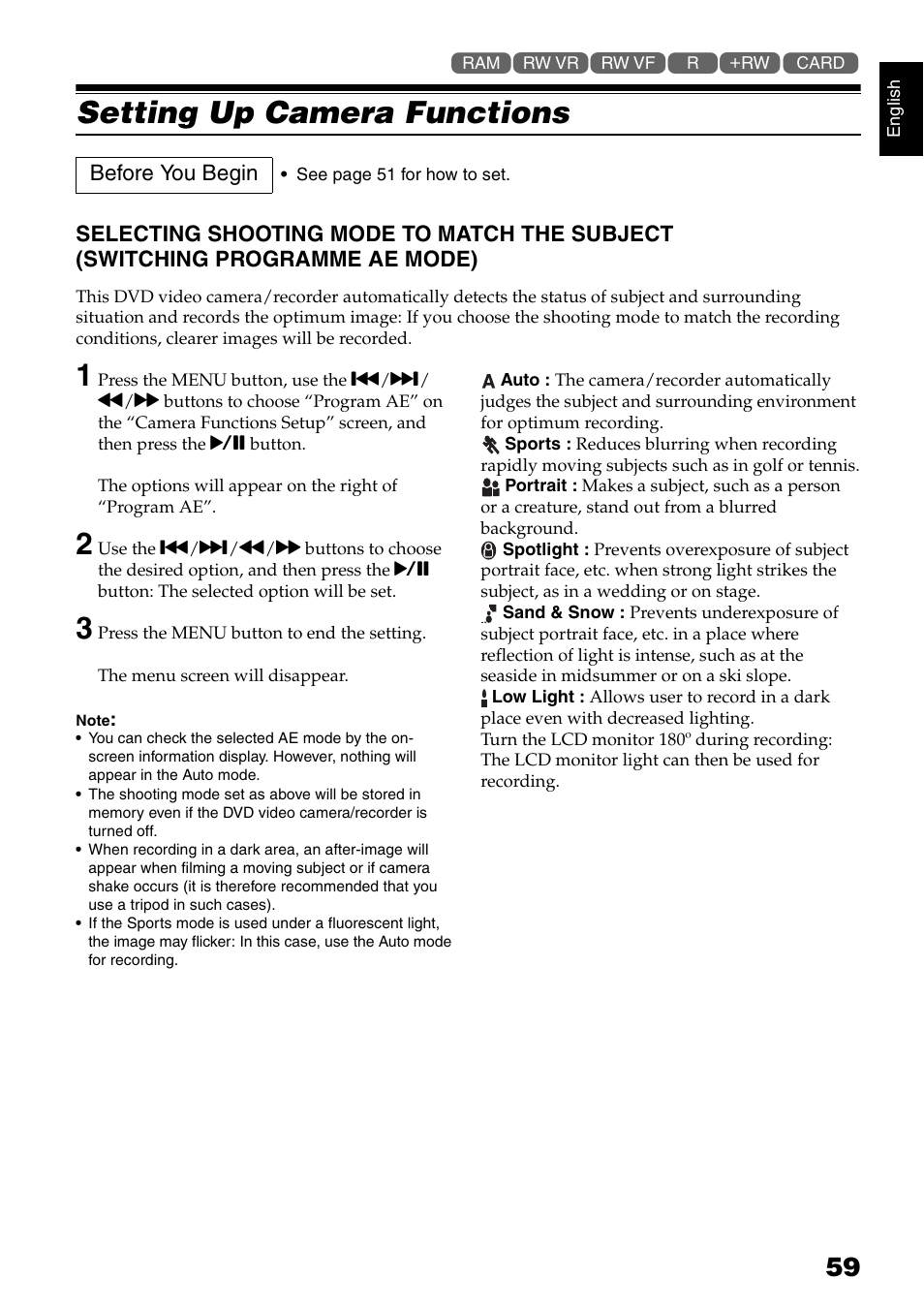 Setting up camera functions | Hitachi DZ-GX5040E User Manual | Page 59 / 155