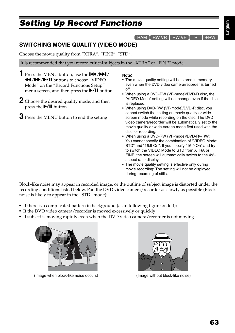Setting up record functions | Hitachi DZ-GX5040E User Manual | Page 63 / 155