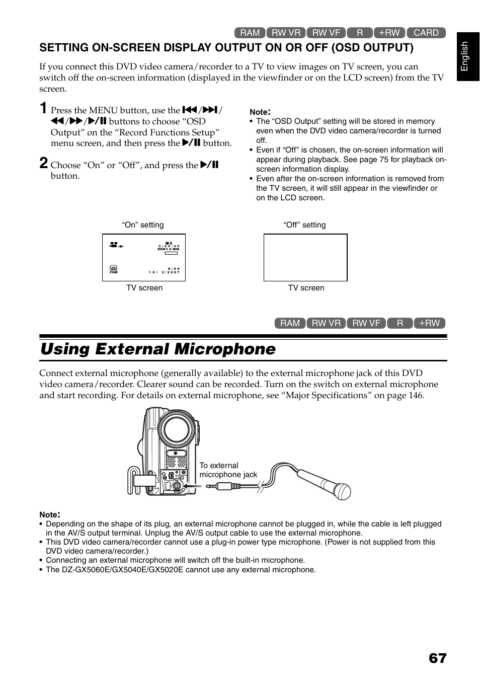 Using external microphone | Hitachi DZ-GX5040E User Manual | Page 67 / 155