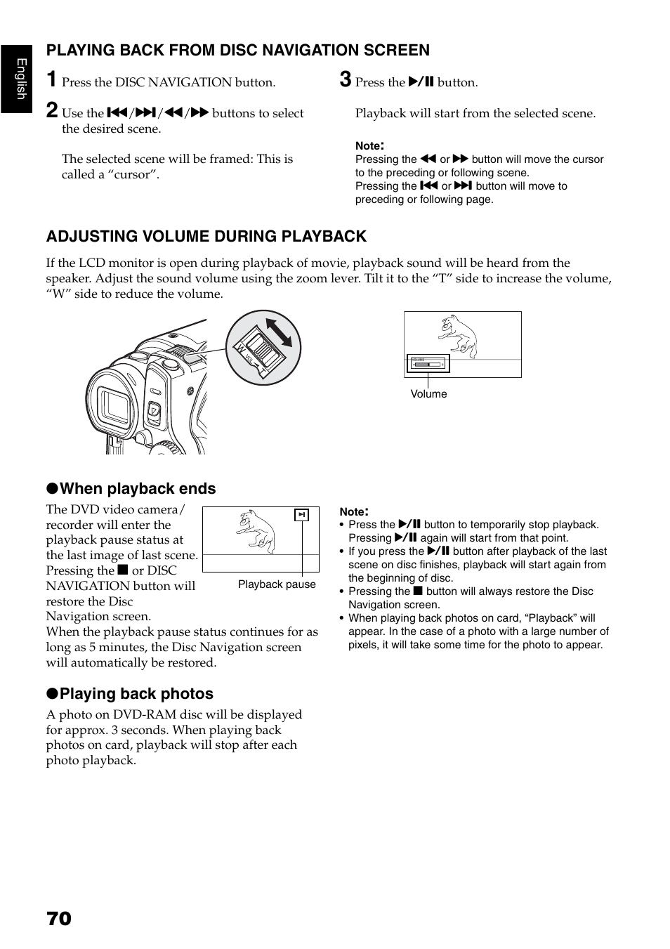 Playing back from disc navigation screen, Adjusting volume during playback, When playback ends | Playing back photos | Hitachi DZ-GX5040E User Manual | Page 70 / 155
