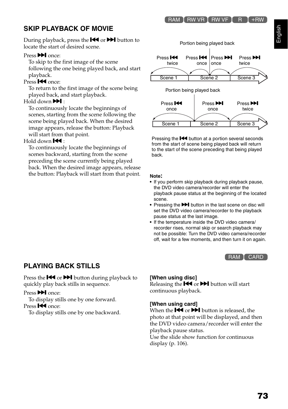 Skip playback of movie, Playing back stills | Hitachi DZ-GX5040E User Manual | Page 73 / 155