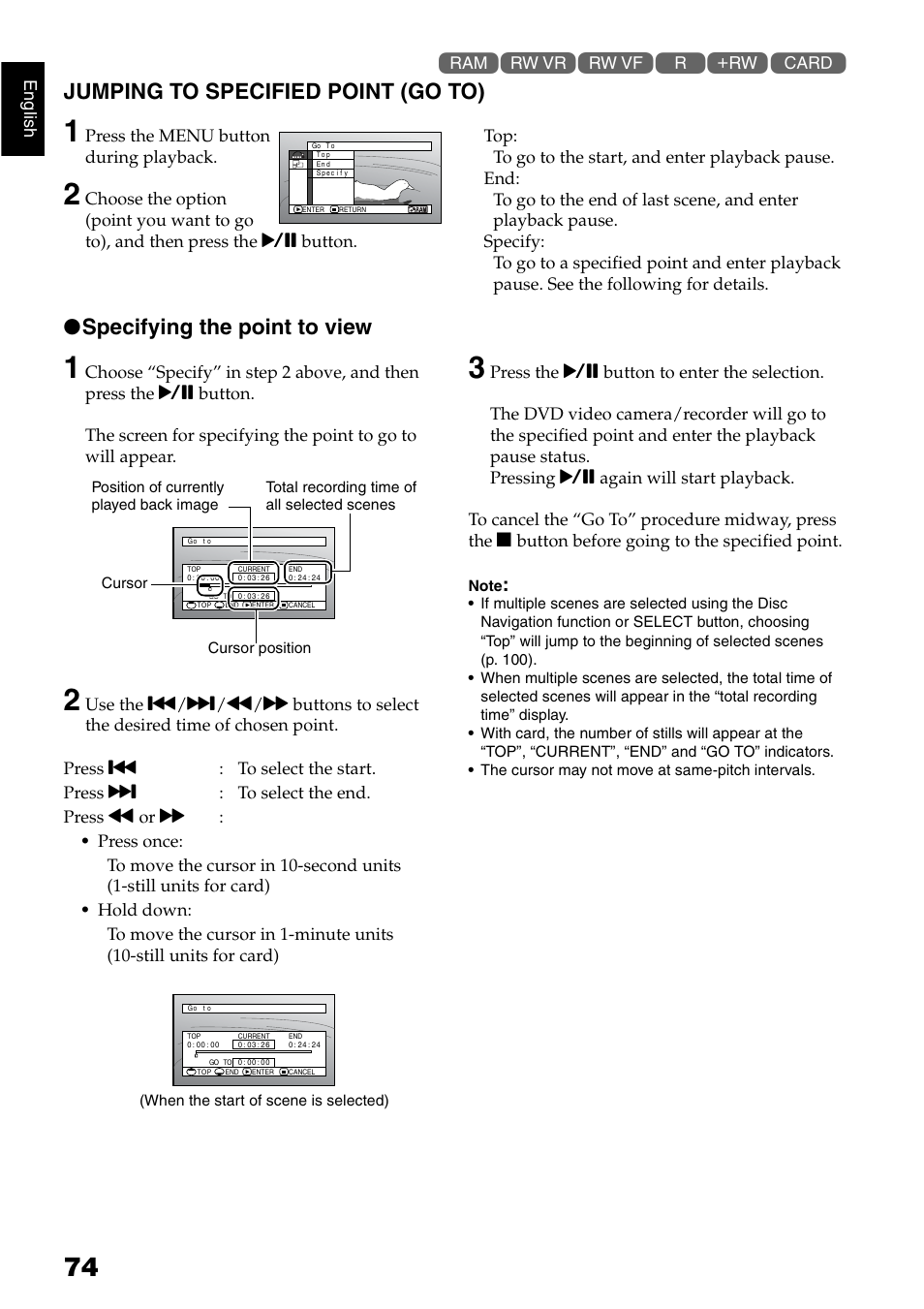 Jumping to specified point (go to), Specifying the point to view | Hitachi DZ-GX5040E User Manual | Page 74 / 155