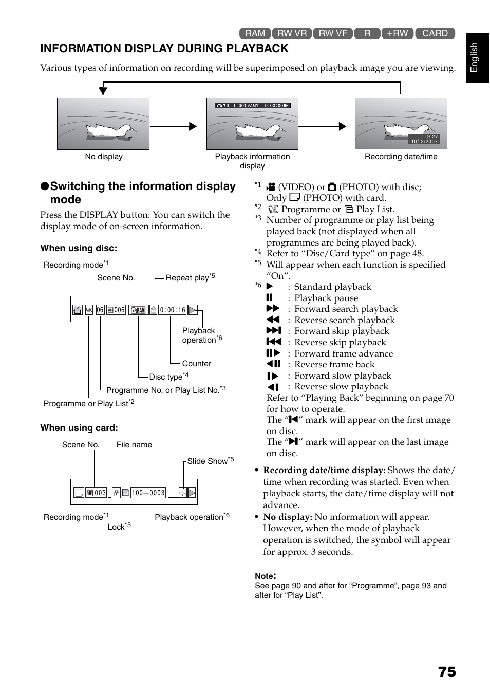 Information display during playback, Switching the information display mode | Hitachi DZ-GX5040E User Manual | Page 75 / 155