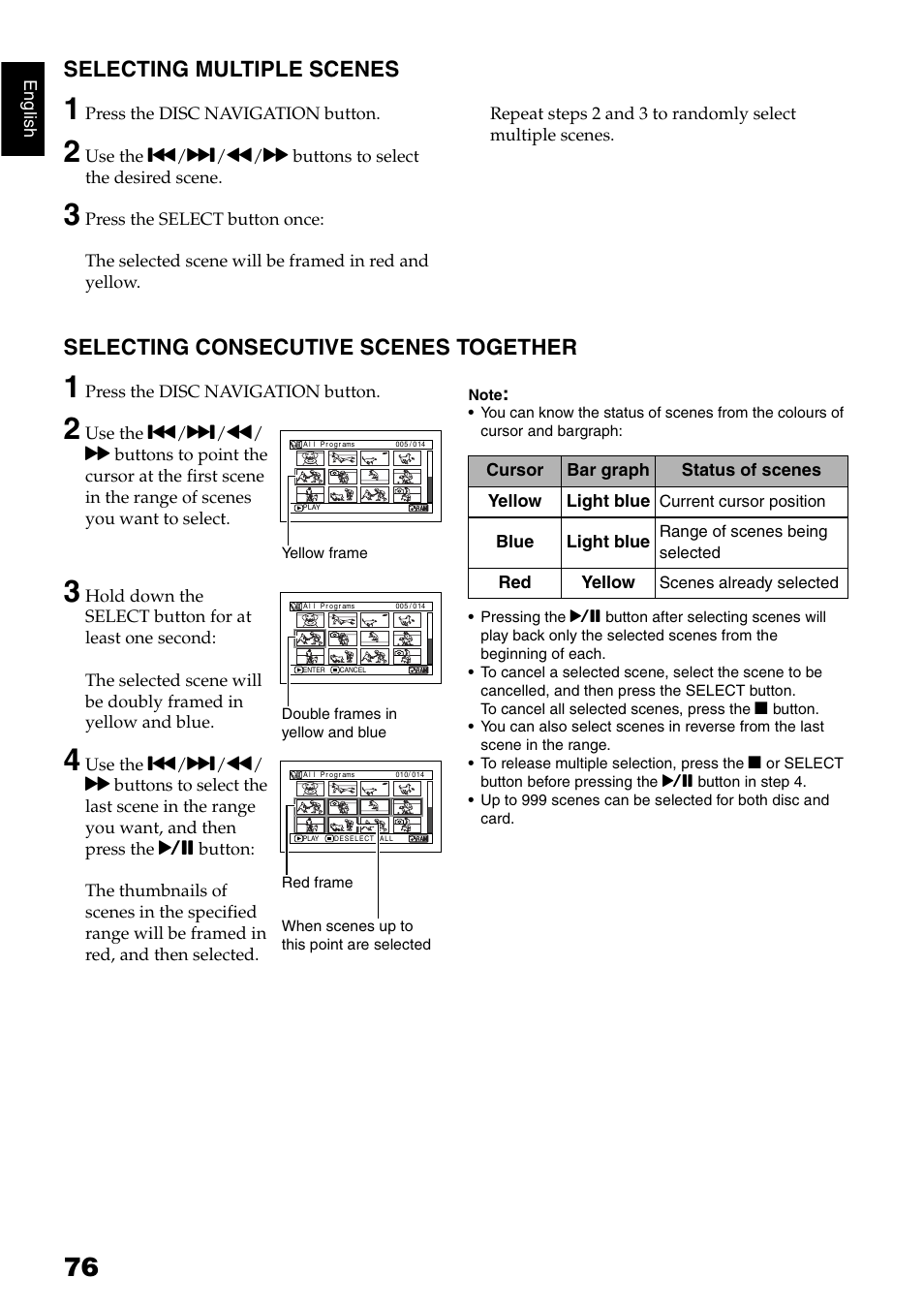 Selecting multiple scenes, Selecting consecutive scenes together | Hitachi DZ-GX5040E User Manual | Page 76 / 155