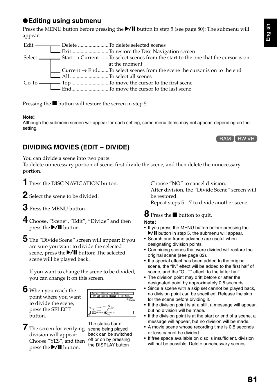 Editing using submenu, Dividing movies (edit – divide) | Hitachi DZ-GX5040E User Manual | Page 81 / 155