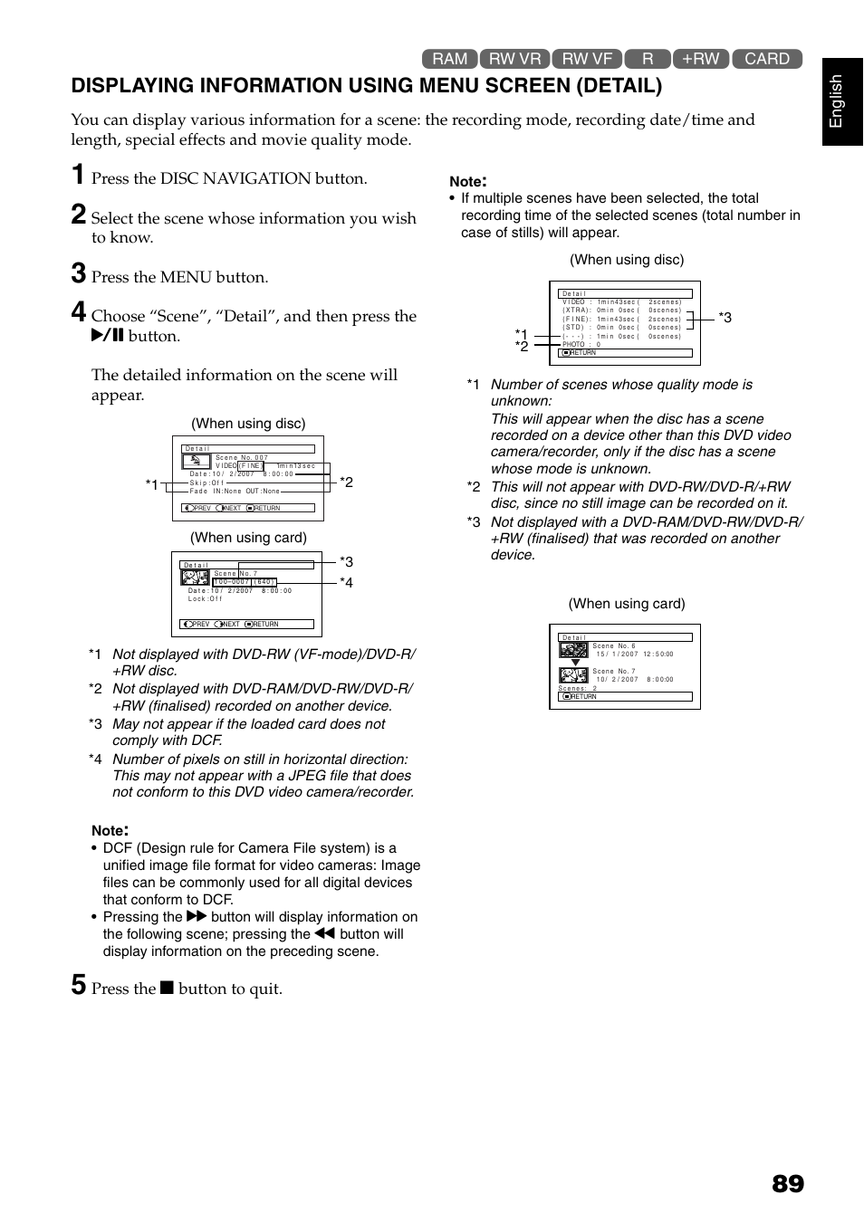Displaying information using menu screen (detail), English, Press the disc navigation button | Press the menu button, Press the  button to quit | Hitachi DZ-GX5040E User Manual | Page 89 / 155