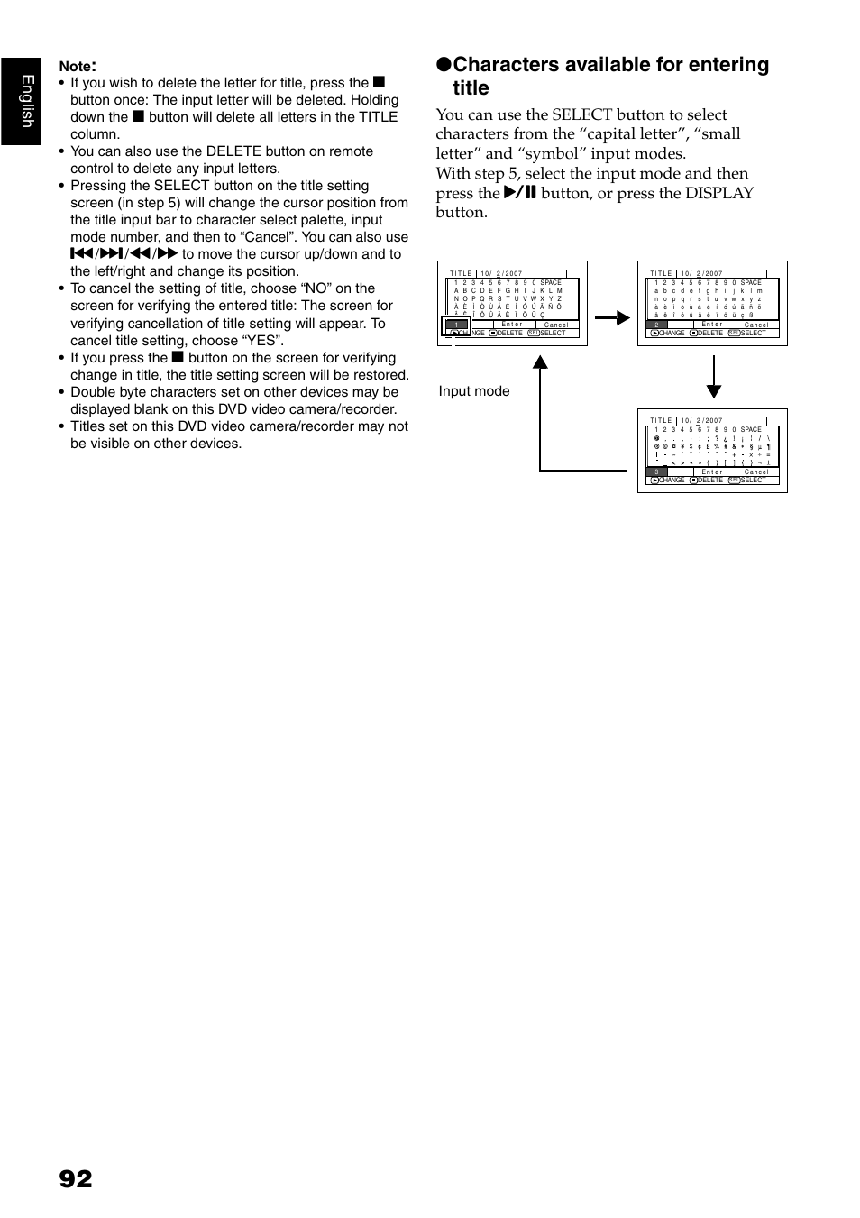 Characters available for entering title, English, Input mode | Hitachi DZ-GX5040E User Manual | Page 92 / 155